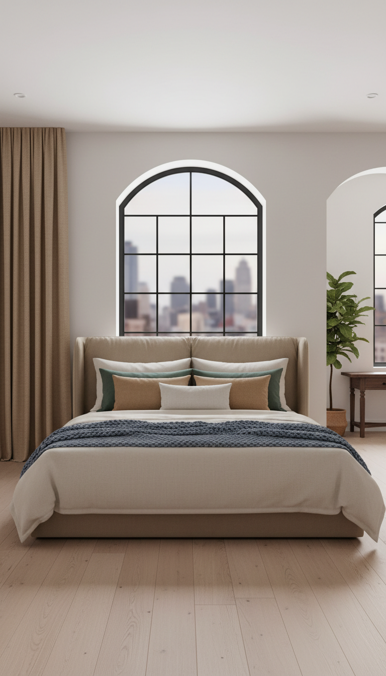 Chambre loft citadine avec poutres apparentes