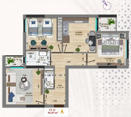 Appartement F3 92 m²  / 18
Million / m²
Négociable